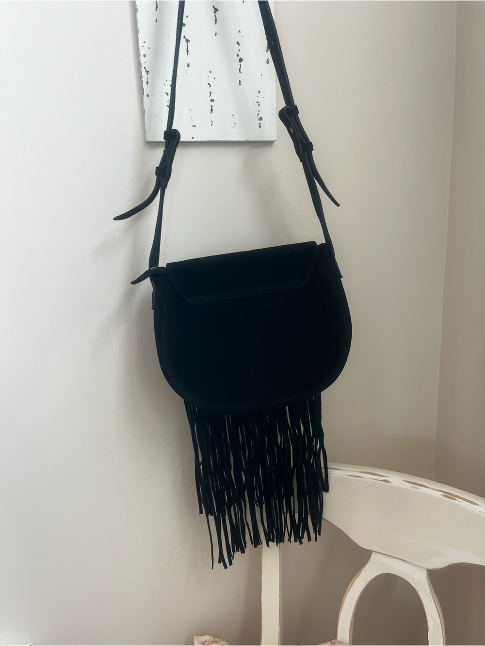 Black Fringe Crossbody Bag with Gold Ring Accent by INZI - Picture 5 of 11